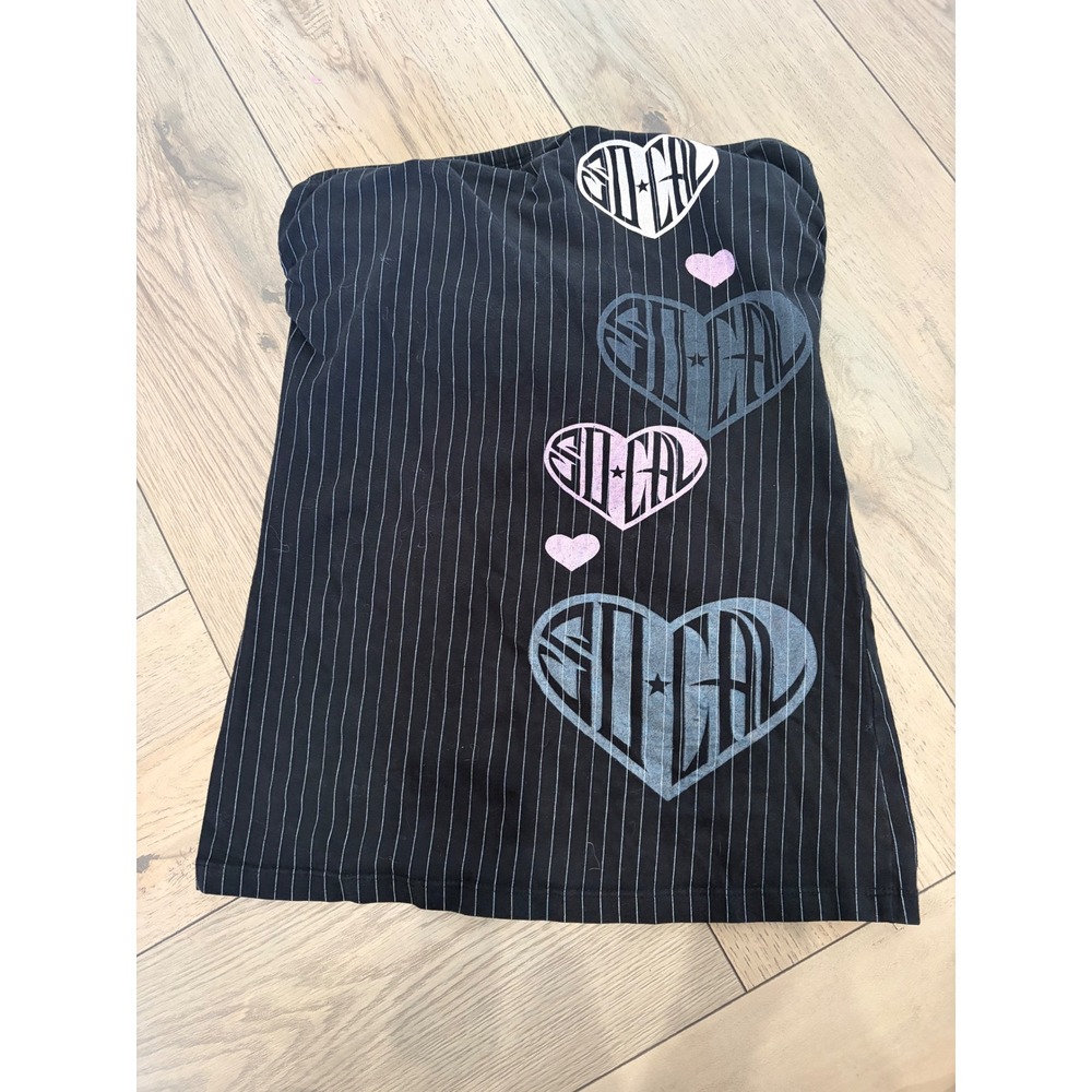 So Cal Womens Pinstripe Tube Top Black Graphic Heart Strapless Y2K Large